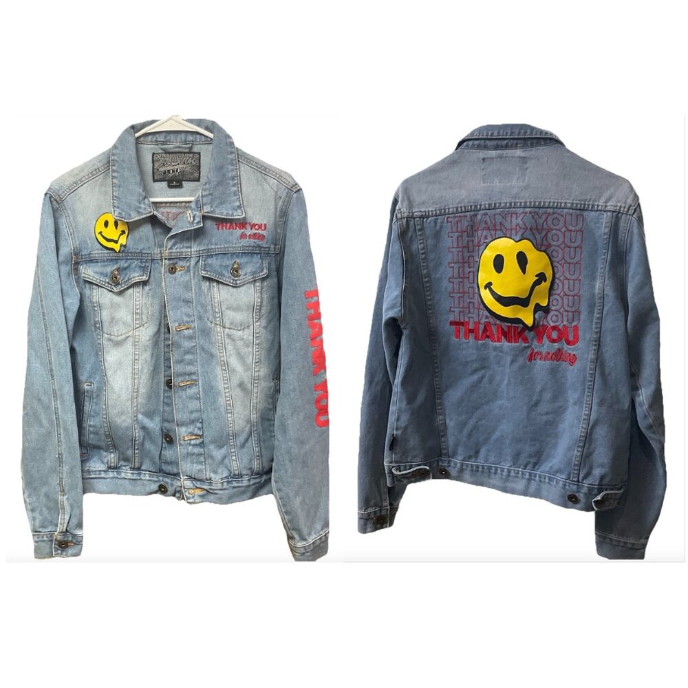 Brooklyn Cloth “Thank You For Nothing" Smiley Embroidered Denim Jacket, M unisex